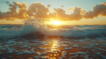 Poster - Close-up of Ocean Waves with Sunset Reflections