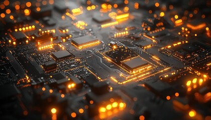 Poster - Close-up of a Circuit Board with Glowing Orange Lights