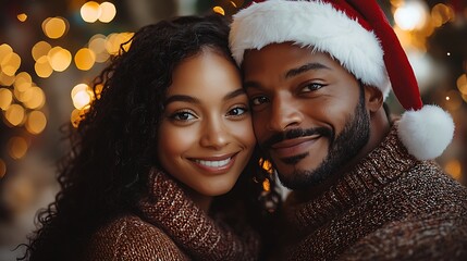 Wall Mural -  Loving European couple hugging, celebrating Christmas or New Year holiday at home with cozy glowing decorations 