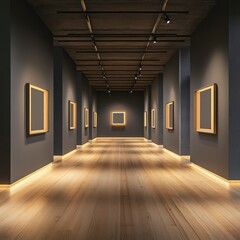 Poster - Empty Gallery Hallway with Wooden Floor and Illuminated Picture Frames