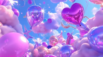 Poster - A fantasy scene with fluffy clouds, colorful balloons, and shining stars against a soft sky
