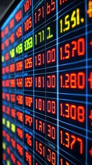 Poster - A close-up view of a digital display showing stock price changes, with specific indicators on value and cost metrics. The image provides significant copy space on a clean, modern background.