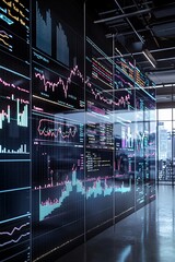 Poster - A modern digital board shows fluctuating values of stock prices and costs with returns highlighted, set in a clean office environment. The layout includes generous copy space for messaging.