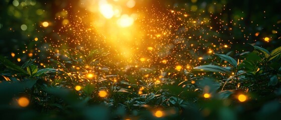 Poster - Golden Dust and Sunlight in a Lush Green Forest