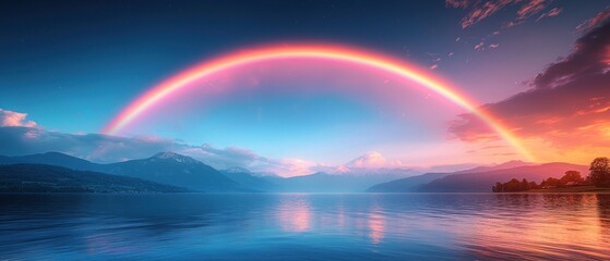 Poster - Rainbow Arcing Over a Tranquil Lake and Mountain Range at Sunset
