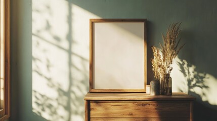 Poster - A serene interior scene featuring a wooden dresser, a blank frame, and dried flowers.