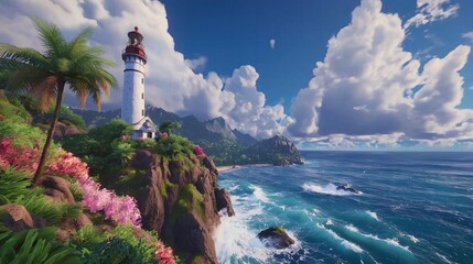 Wall Mural - A majestic lighthouse standing tall on rugged cliffs, with dramatic clouds and crashing waves.