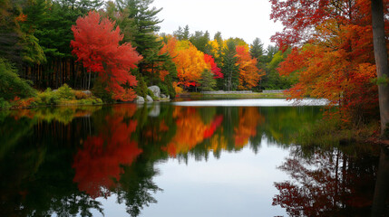 Wall Mural - A peaceful lake surrounded by autumn trees, reflected perfectly in the still water