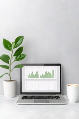 Poster - A minimalist workspace with a laptop displaying a cost-benefit analysis spreadsheet, small plant and coffee on the side, natural lighting streaming in from a window