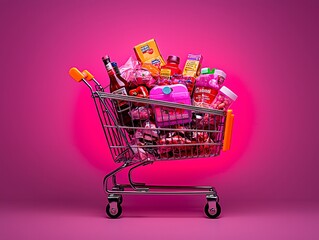 Poster - An editorial-style photograph showing a shopping cart half-full of products with prices visible, emphasis on frugality and choices, cool-toned lighting