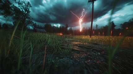 Poster - A powerful scene of lightning striking over an open field under dark storm clouds. --ar 16:9 --personalize v73lhwr --v 6.1 Job ID: ed3642e6-b22b-4ff4-8224-abf939a3649a
