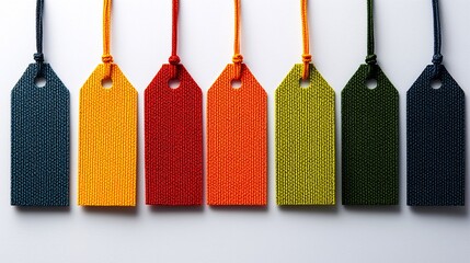 Poster - A high-resolution macro shot of price labels lined up on a shelf, with tags that show benefits and costs, vibrant colors, sharp focus on details