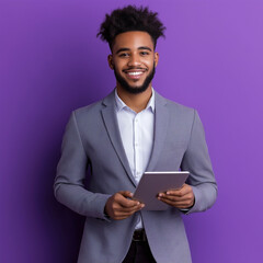 Cheerful young African American businessman holding tablet computer over purple background Concept of social media Mock up