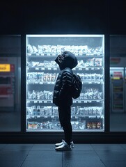 Poster - a moody documentary shot of a person shopping, visibly comparing prices of products, cold lighting f