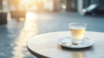 Poster - A scenic view of a cafe table with receipts, coins, and budget notes, symbolizing everyday price decisions and value, warm and inviting lighting