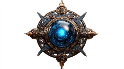 Celestial amulet with glowing blue center, isolated on white, ideal for fantasy and cosmic concepts