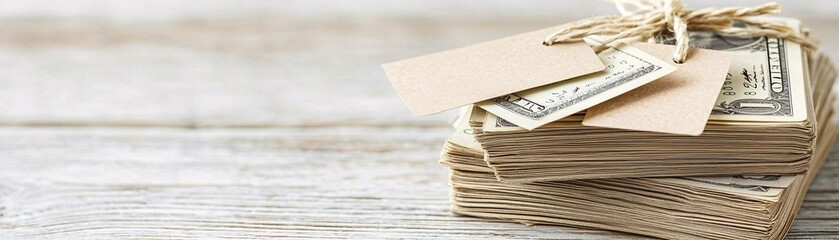 Poster - Two stacks of cash of different amounts placed next to value tags, symbolizing the balance between price and value with space for text or branding.