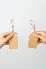 Poster - Two hands, each holding a price tag, one marked higher and the other lower, representing cost comparison with a simple background for copy space.