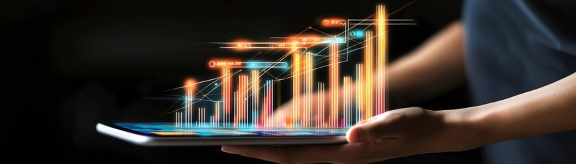 Poster - a business professional analyzing cost and value data on a tablet, with charts and graphs in the bac