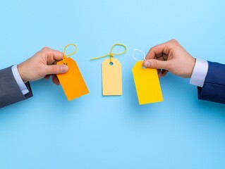 Poster - Two hands exchanging price tags marked as value and premium, symbolizing a cost comparison with ample background space for text.