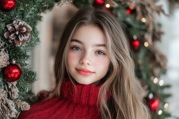 Young girl in red sweater, red scarf, standing outdoors, smiling, enjoying cool weather, casual attire.