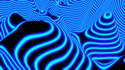 Poster - Abstract neon glowing background, 3D blue virtual reality concept, fantasy lines on black, striped modern technology and science design.