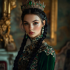 A stunning portrait of a regal woman wearing a magnificent crown and intricate jewelry, embodying elegance and grace.