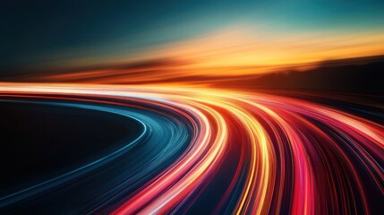 Poster - Abstract depiction of light trails on a winding road at sunset, conveying motion and speed.