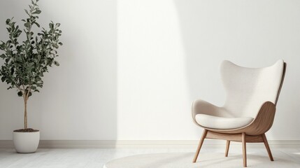 Poster - A minimalist room featuring a stylish chair and a potted plant, creating a serene atmosphere.