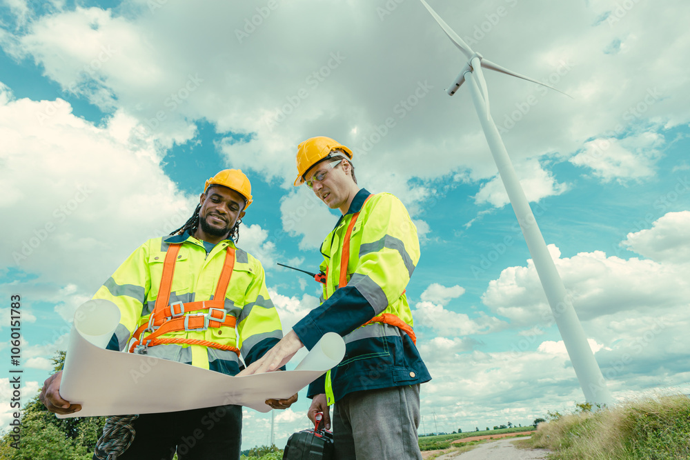 Engineer team mix black and white male workers with floor plan at Wind ...