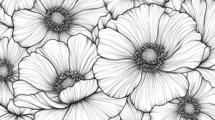 Flower line art seamless pattern. floral hand drawn vector background.