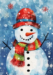 Wall Mural - childrens christmas greeting card illustration of a snowman