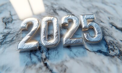 Poster - A shiny metallic representation of the year 2025 on a marble surface.