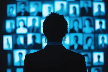 A group of people are looking at a wall of pictures