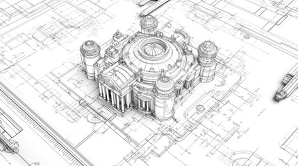 Aufkleber - An overhead view of architectural blueprints with detailed linework, rulers, and sketches.