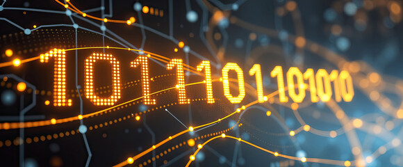 Poster - binary code stream number with glowing lines lights on dark tech background concept of digital information data flow