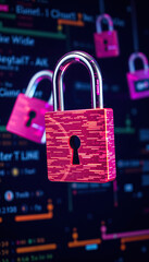 Poster - digital padlock on dark background with computer code cyber security concept with neon colors technology elements vertical format