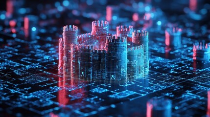Poster - 3D Digital Fortress with Glowing Walls in Virtual Space