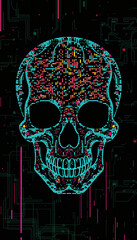 Poster - digital skull on dark background with green matrix code cyber threat hacking concept in technology vertical format