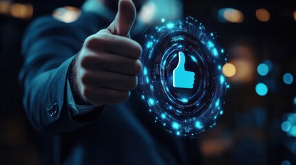 Poster - A business professional giving a thumbs up with a glowing thumbs-up icon in the background.