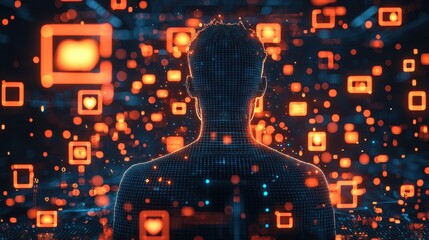Poster - Glowing Human Silhouette in a Digital Environment