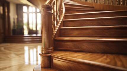 Poster - A close-up view of elegant wooden stairs in a well-lit interior space.