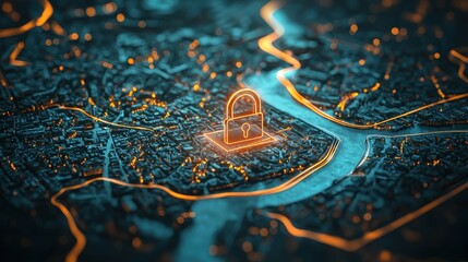 Poster - 3D Visual of Lock Symbol on Digital Map