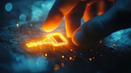 Poster - Glowing Digital Key Close Up with Hovering Hand