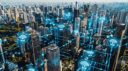 Poster - Futuristic Cityscape with Digital Connectivity and Fences