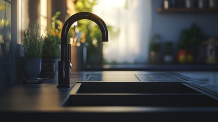 Poster - Modern kitchen sink with a sleek faucet and natural light illuminating the space.