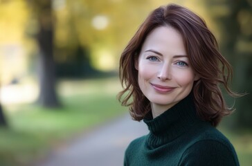 woman with brown hair smiling in nature setting outdoors