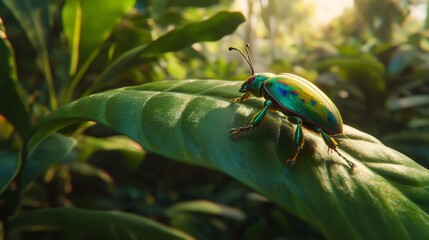 Poster - Vibrant Beetle on Lush Green Leaf in Nature