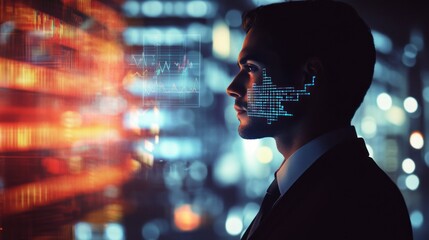 Poster - A businessman contemplates data visualizations in a futuristic cityscape.