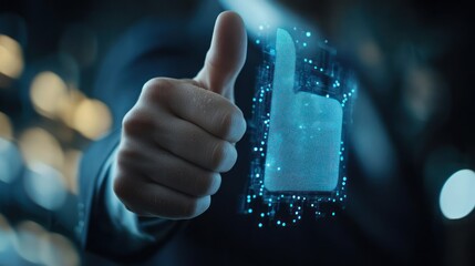 Poster - A businessperson giving a thumbs-up with a digital thumbs-up graphic overlay.